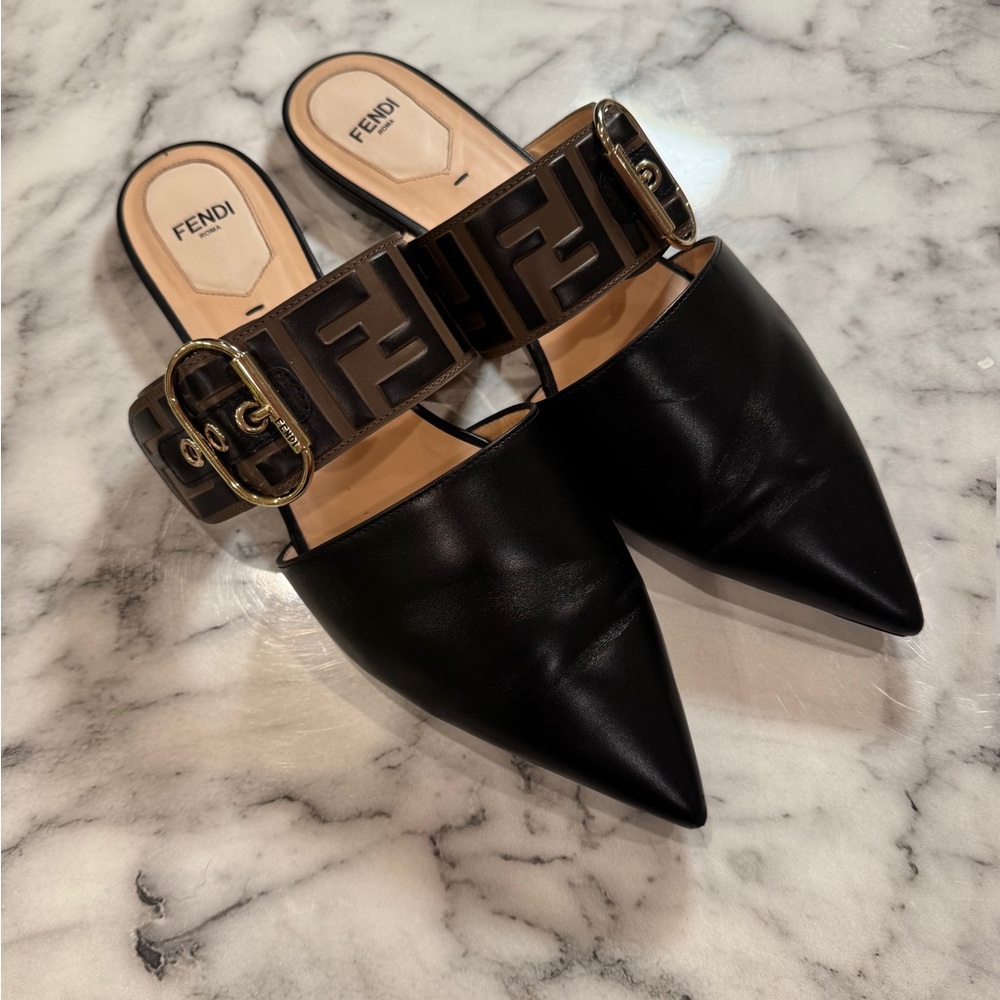 Fendi Black and Brown Mules Flats with Signature FF Logo